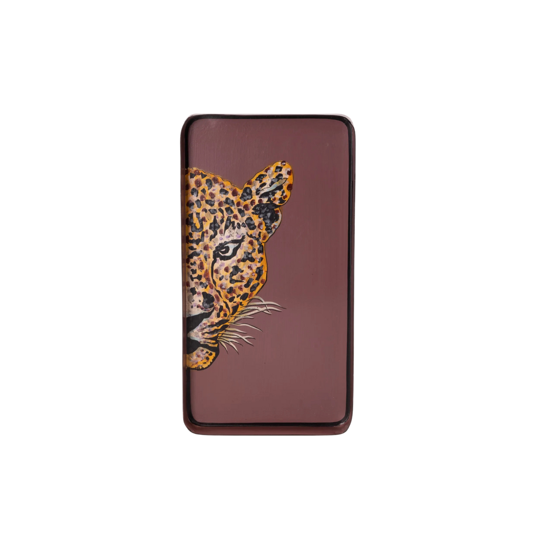 Hand-painted terracotta iron tray with right-facing leopard by Les Ottomans, available at Mood by DMJ.