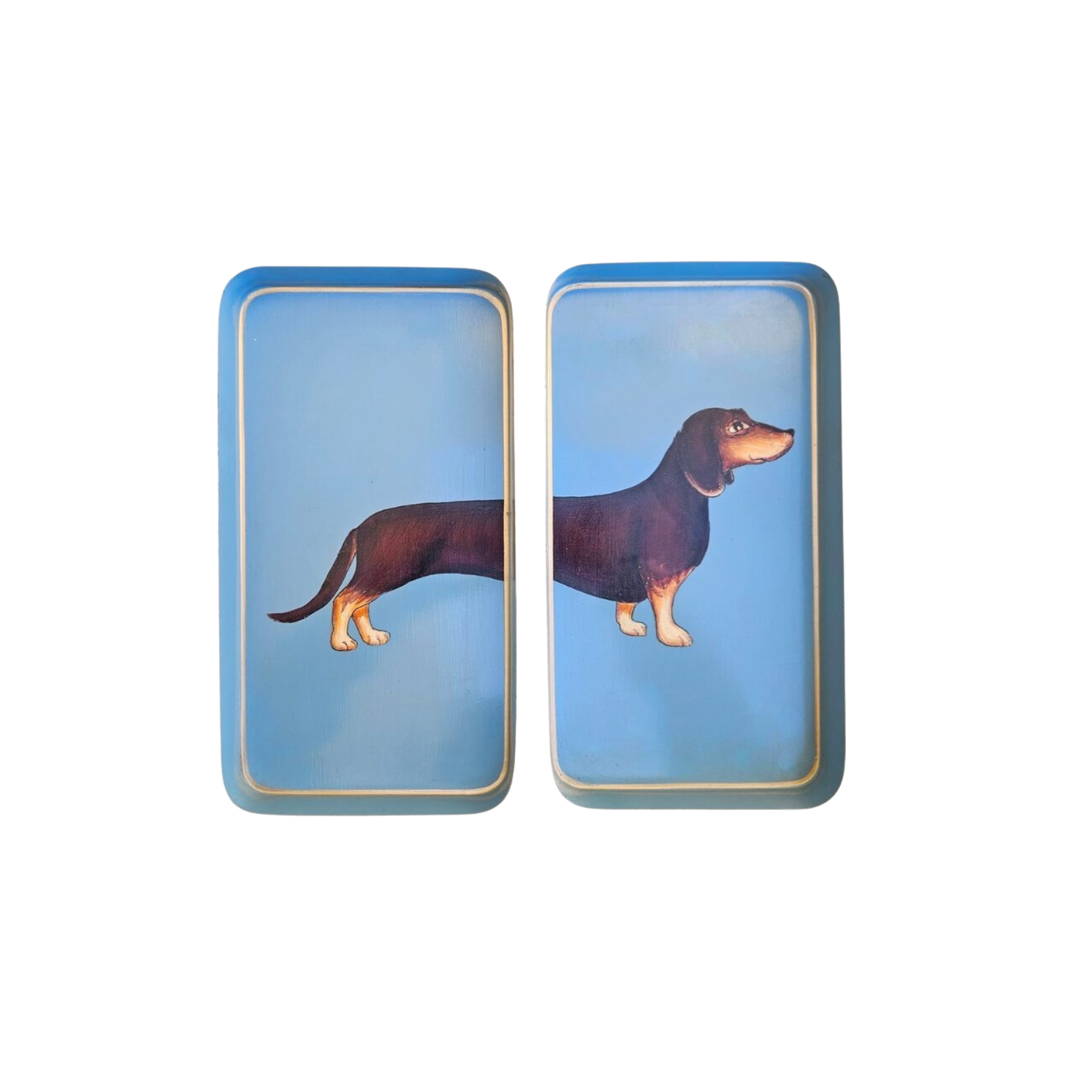 Hand-painted iron dachshund tray set with blue background and gold edging by Les Ottomans, Italian luxury home décor available at Mood by DMJ