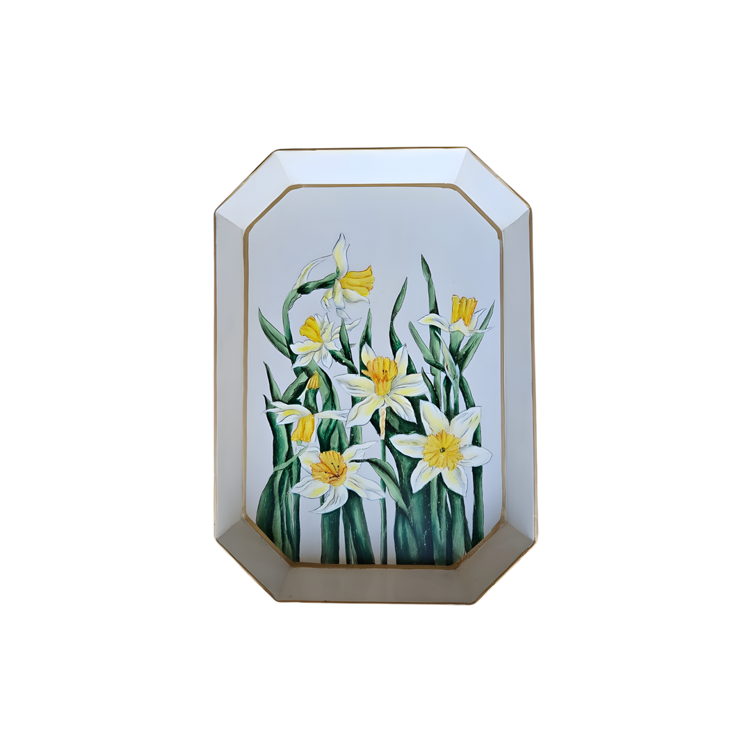 Hand-painted iron decorative tray with white and yellow daffodil design and gold edging by Les Ottomans, Italian luxury home décor available at Mood by DMJ