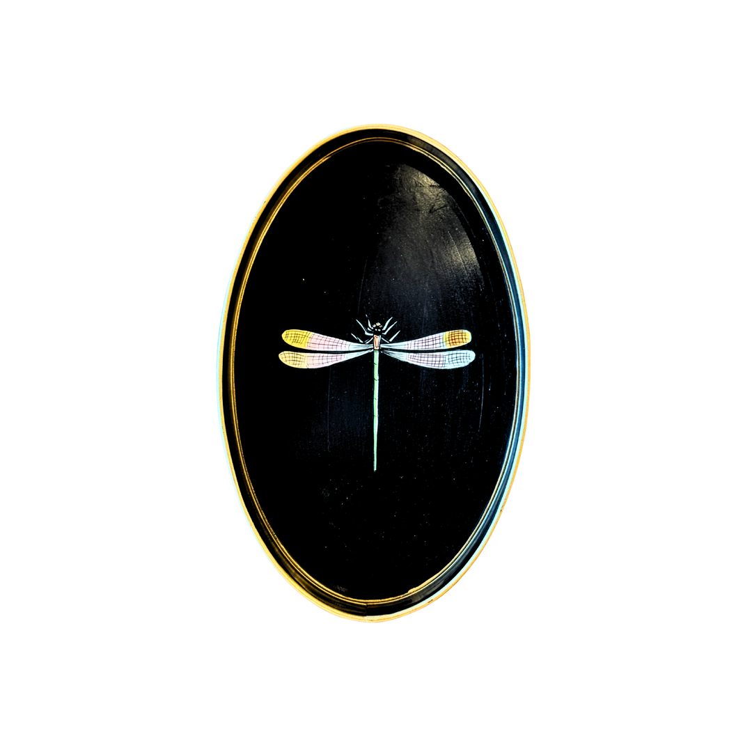 Hand-painted black iron tray with gold edging and dragonfly design by Les Ottomans, Italian luxury decorative tray available at Mood by DMJ in Lafayette Louisiana