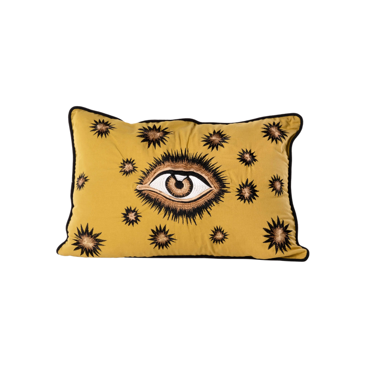 Hand-embroidered cotton eye throw pillow by Les Ottomans in yellow 16x24 inches, insert included