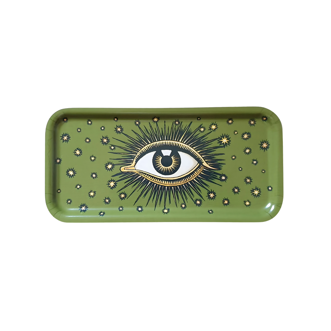 Olive green wooden tray with hand-painted eye and starburst design by Les Ottomans, sold at Mood by DMJ.