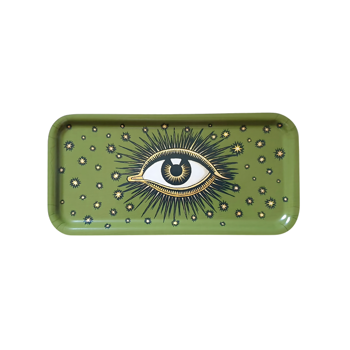 Olive green wooden tray with hand-painted eye and starburst design by Les Ottomans, sold at Mood by DMJ.