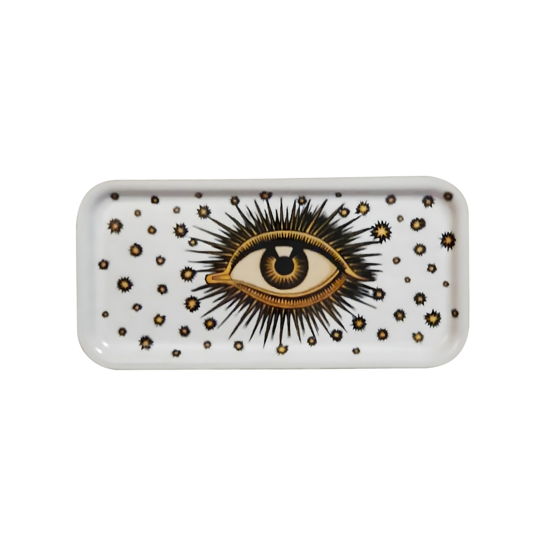 White wooden tray with hand-painted eye and starburst design by Les Ottomans, sold at Mood by DMJ.