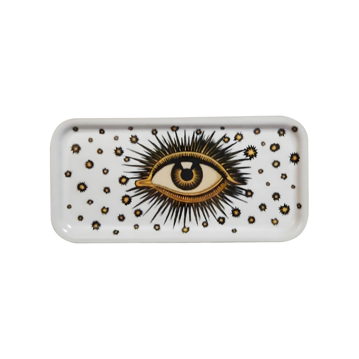 White wooden tray with hand-painted eye and starburst design by Les Ottomans, sold at Mood by DMJ.