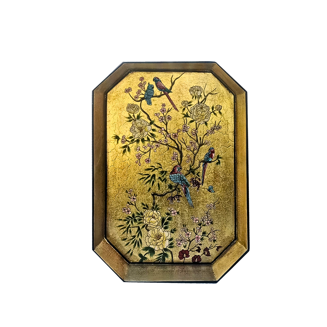 Gold leaf hand-painted iron tray with floral and bird design by Les Ottomans, available at Mood by DMJ.
