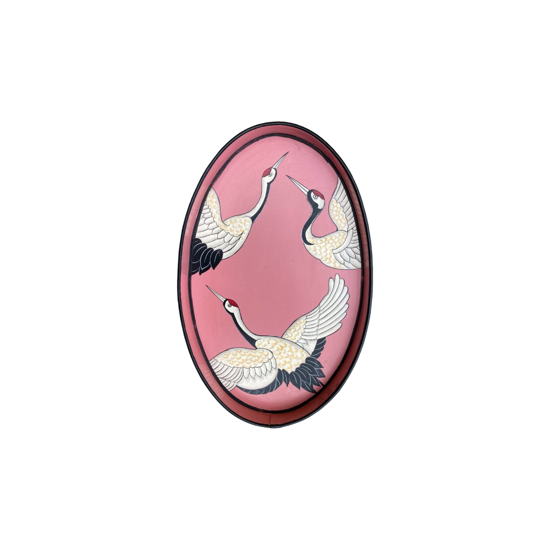 Les Ottomans pink hand-painted iron tray with three herons, available at Mood by DMJ.