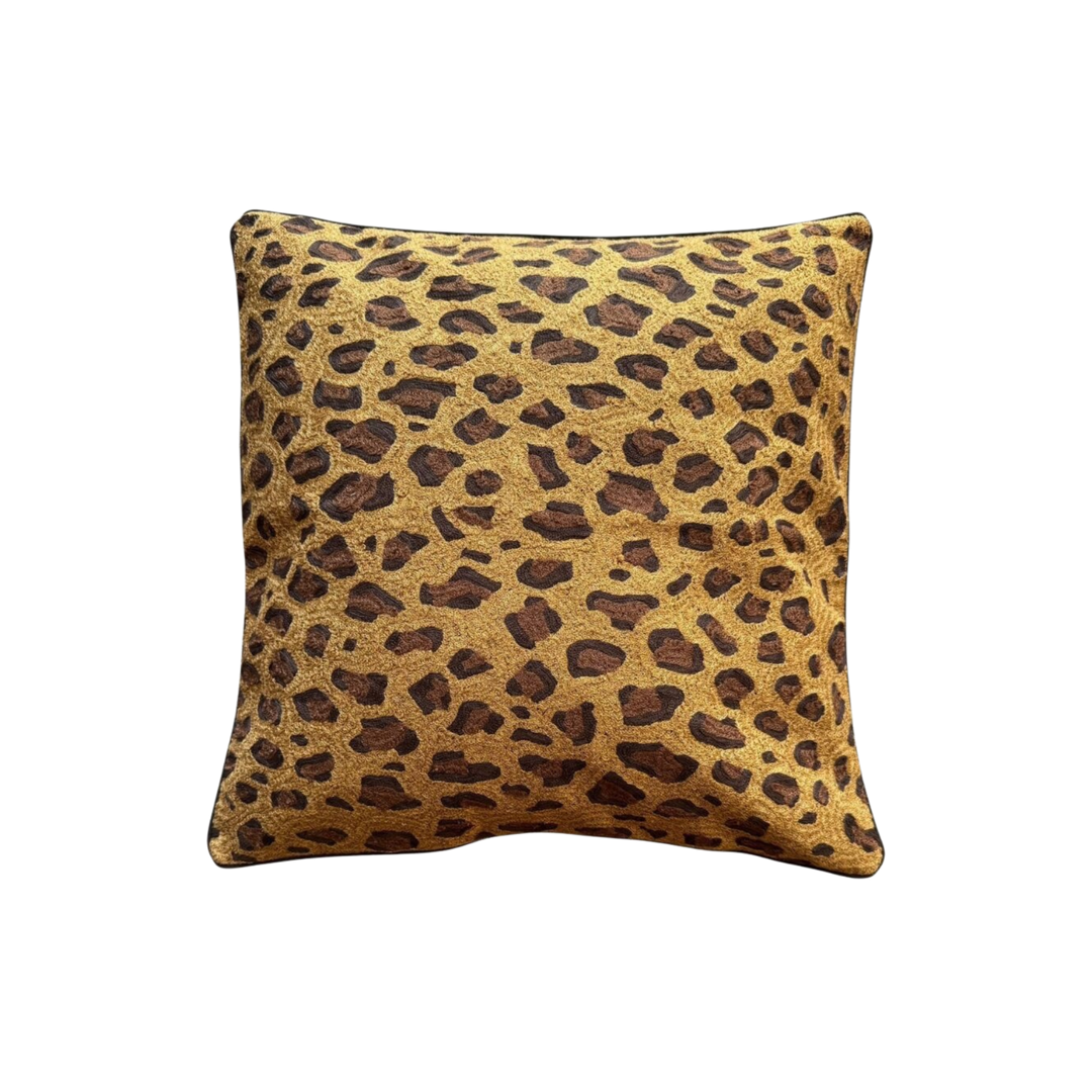 Leopard print embroidered velvet throw pillow by Les Ottomans with insert included, styled on a sofa at Mood by DMJ, 20x20 inches