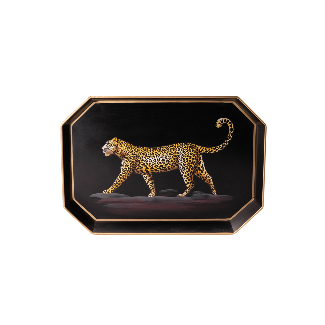 Black octagonal iron tray with hand-painted leopard by Les Ottomans, available at Mood by DMJ.