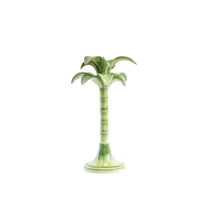 Hand painted green ceramic palm tree candelabra by Les Ottomans, Italian luxury home décor available at Mood by DMJ