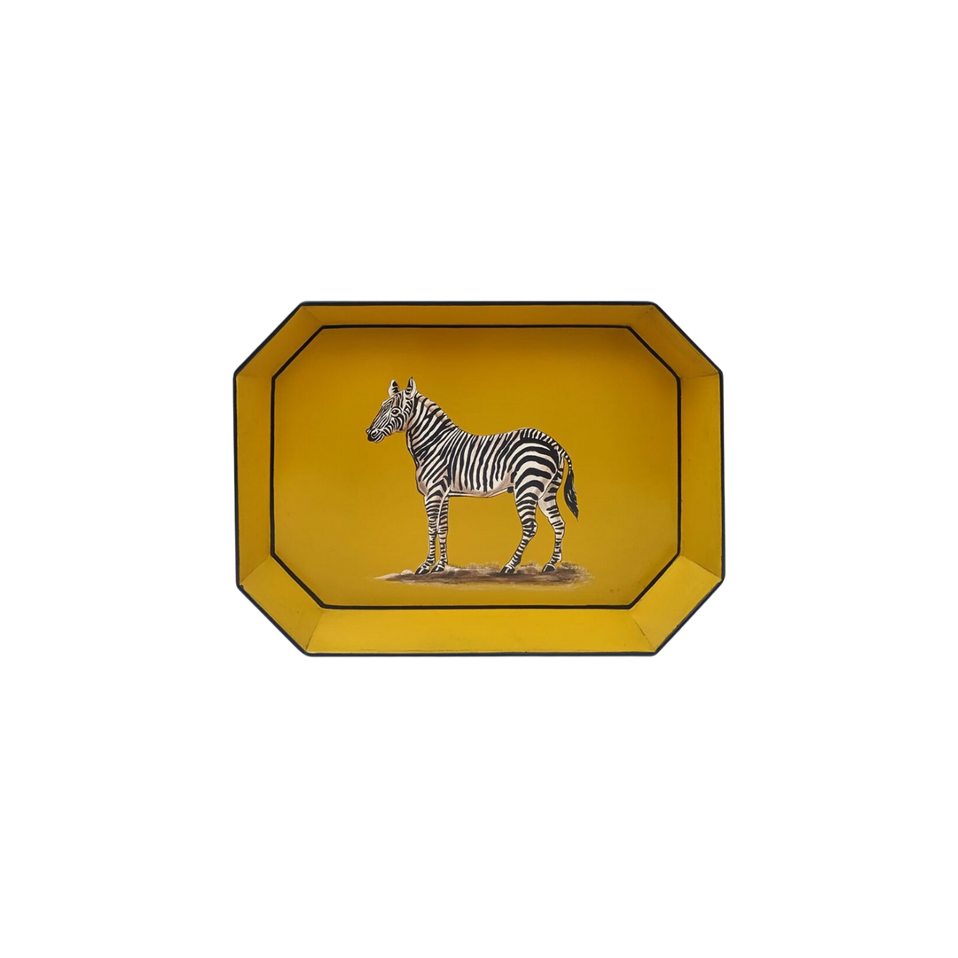 Mustard-yellow octagonal iron tray with hand-painted zebra by Les Ottomans, available at Mood by DMJ.