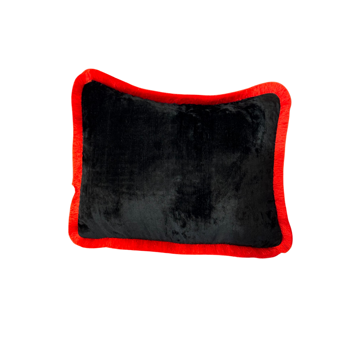 Velvet fringe trim throw pillow by Les Ottomans in off-white with black trim, yellow with navy trim, or black with red trim, 16x24 inches