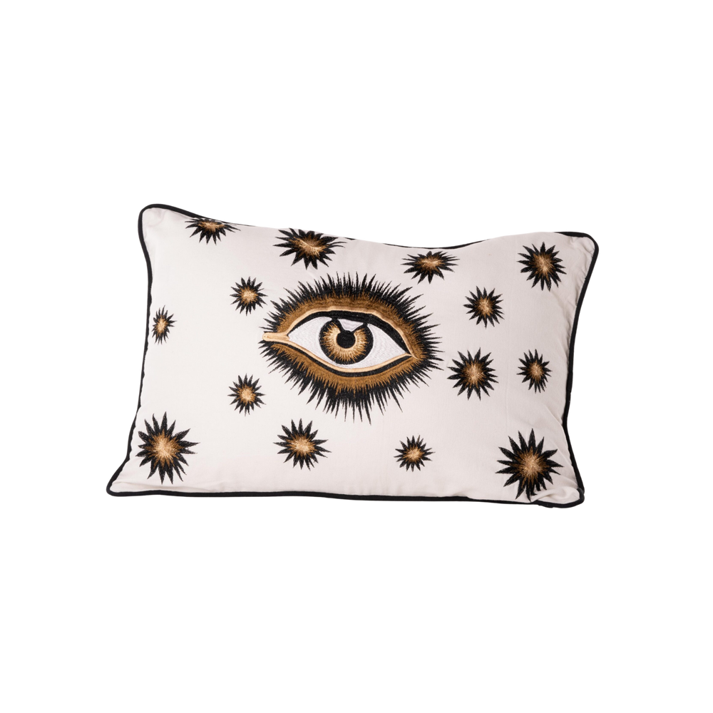 Hand-embroidered cotton eye throw pillow by Les Ottomans in white, 16x24 inches, insert included