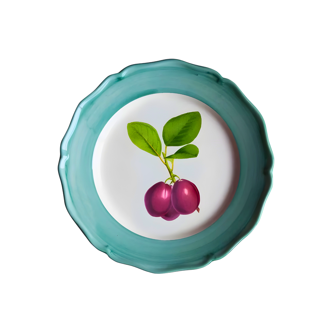 Set of two hand-painted ceramic dinner plates with radish botanical design from the Botanica Collection by Les Ottomans, available at Mood by DMJ