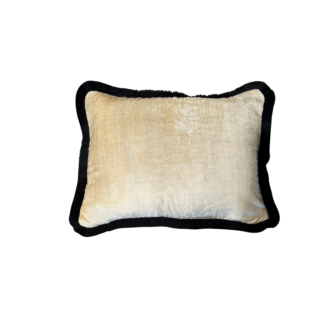 Velvet fringe trim throw pillow by Les Ottomans in off-white with black trim, yellow with navy trim, or black with red trim, 16x24 inches