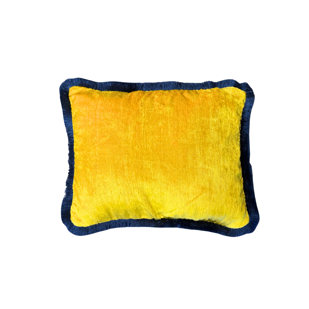 Velvet fringe trim throw pillow by Les Ottomans in off-white with black trim, yellow with navy trim, or black with red trim, 16x24 inches