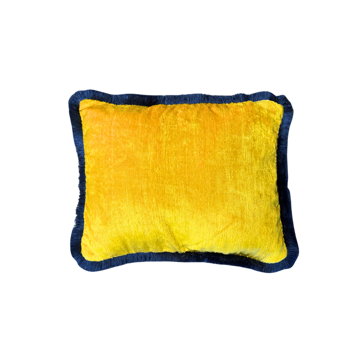 Velvet fringe trim throw pillow by Les Ottomans in off-white with black trim, yellow with navy trim, or black with red trim, 16x24 inches