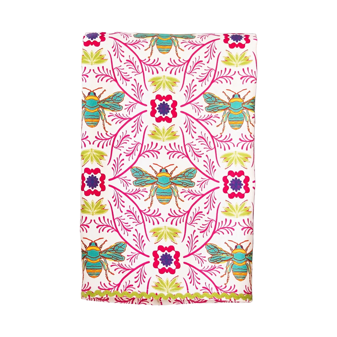 Bee Nice Kitchen Towel with colorful bee pattern and pink botanical design on white cotton with decorative trim 