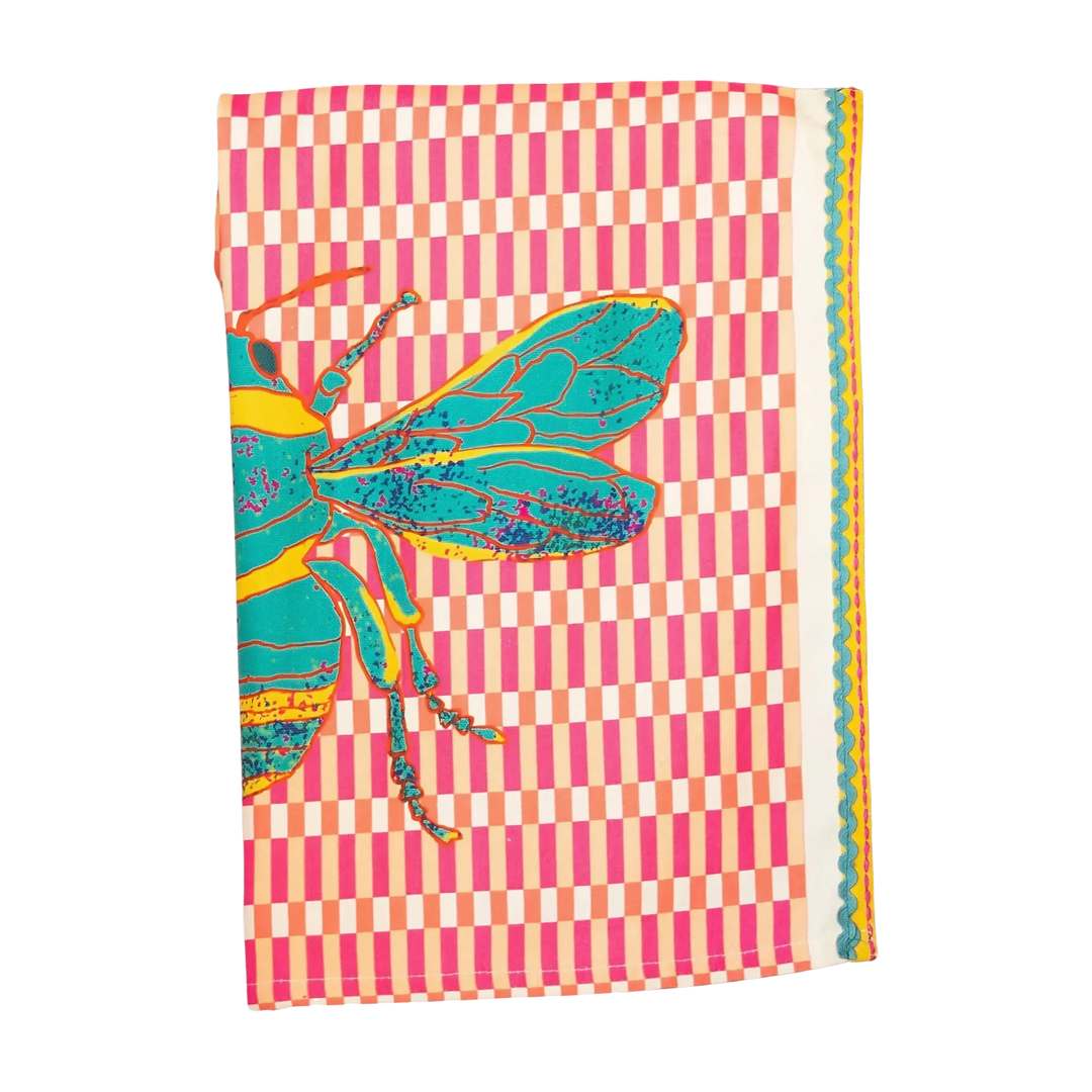 Blue BeeHaus kitchen towel with oversized graphic bee, pink check pattern, and colorful rickrack trim displayed folded