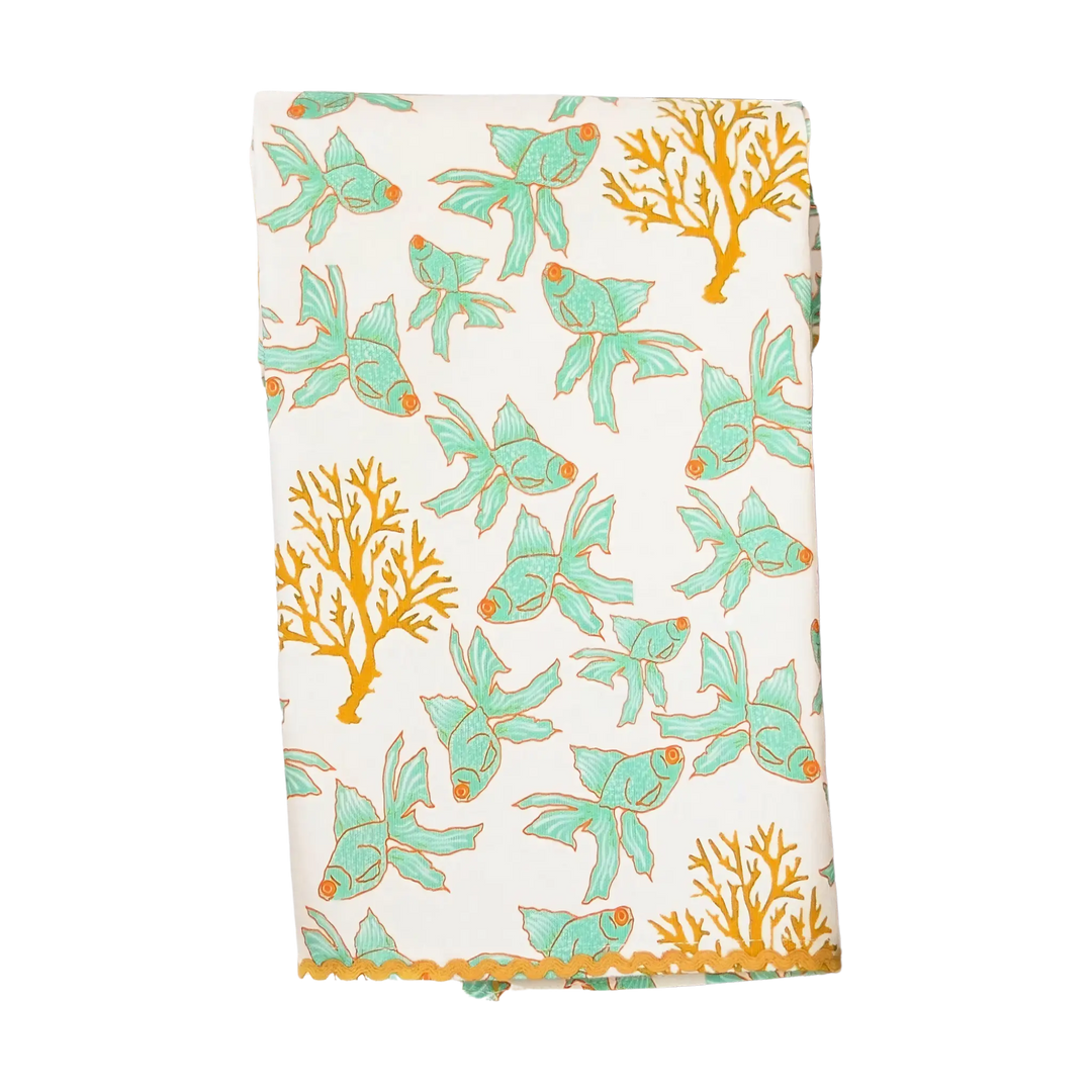 Fish and Coral kitchen towel with teal fish, coral motifs, and rickrack trim in a modern coastal design