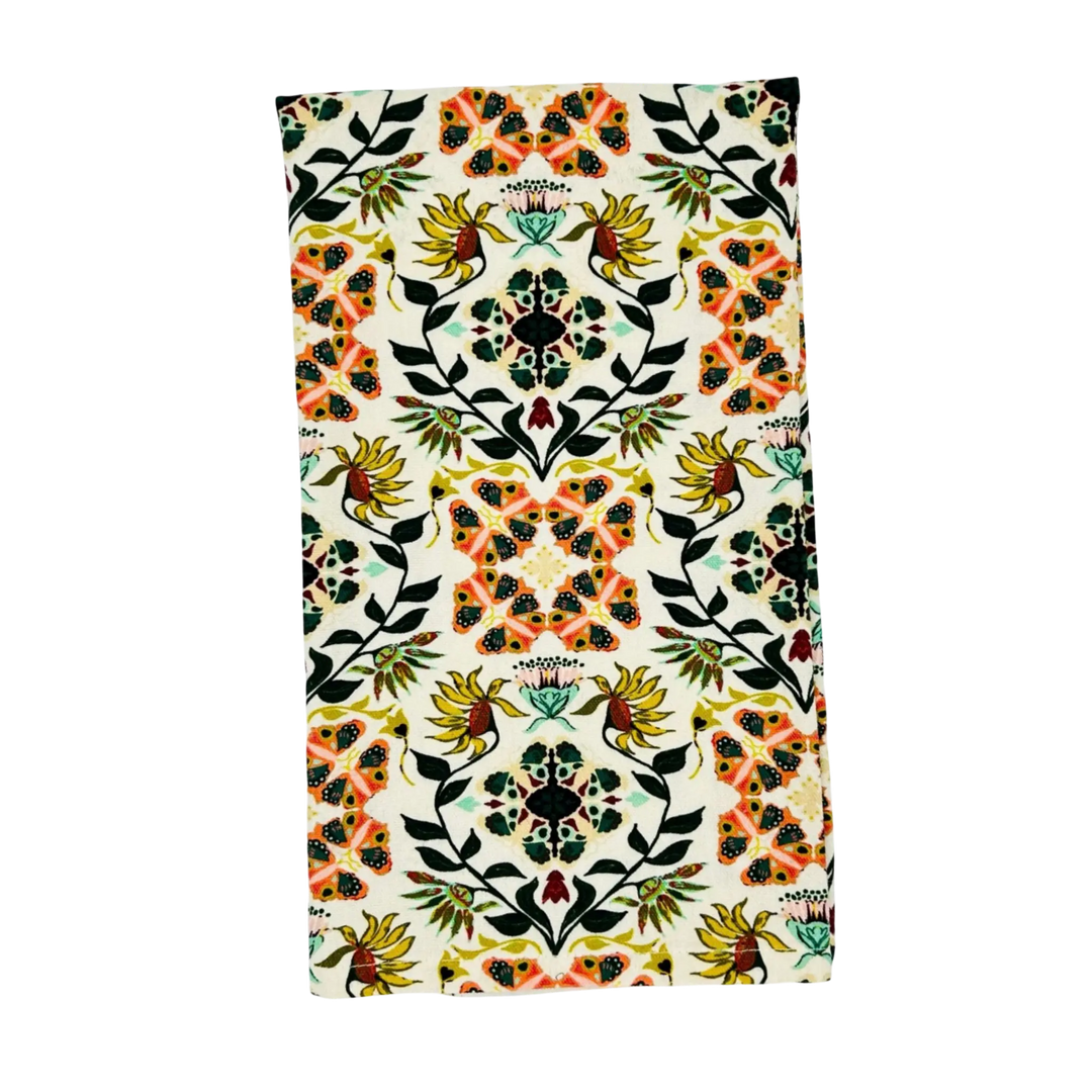 Wild Flower Creme kitchen towel with colorful botanical floral and butterfly pattern on soft cream cotton
