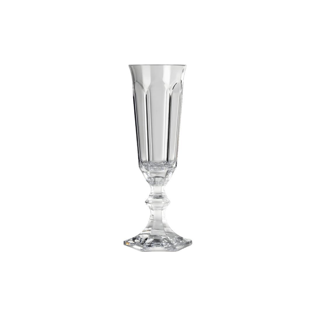 Clear Dolce Vita acrylic champagne flutes with faceted design and stem, set of six displayed on a clean background