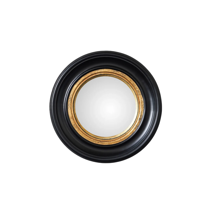 Kensington convex mirror with black wood frame and antique gold inner ring, approx 16 inch decorative wall mirror from Mood by DMJ
