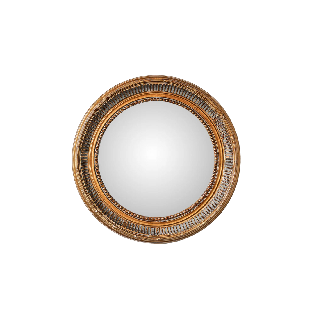 St. Cyr convex mirror with antique washed gold frame, approx 15 inch diameter decorative wall mirror from Mood by DMJ