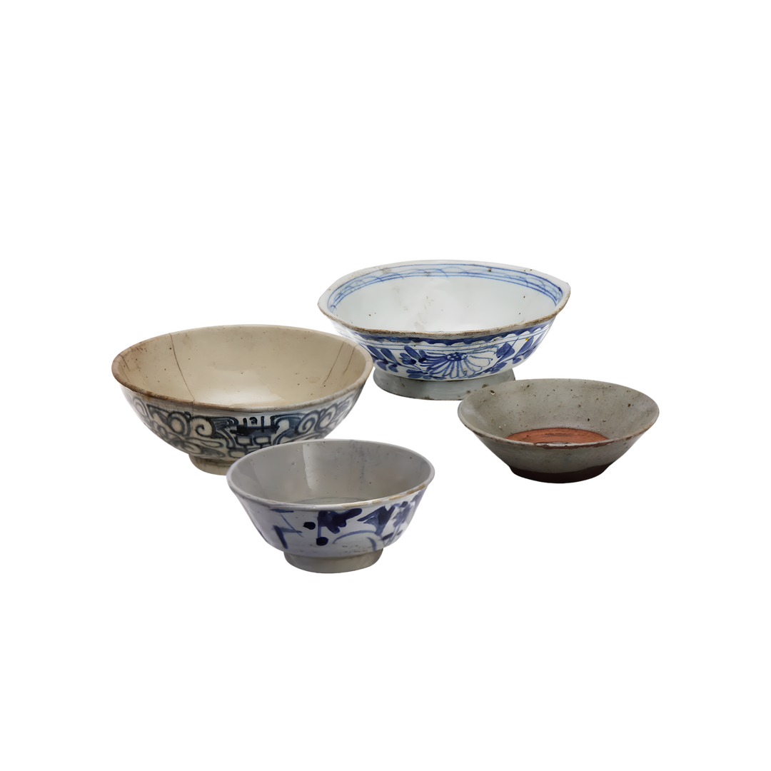 Vintage Asian porcelain rice bowl with decorative pattern styled on a coffee table from Mood by DMJ, available online for nationwide shipping or in store