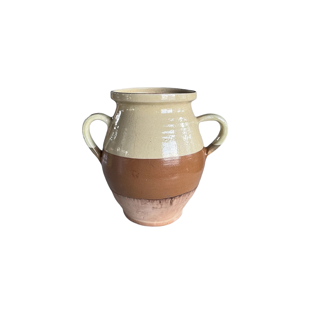 Vintage style Romanian pottery cottage jug with two handles and color-blocked glaze from Mood by DMJ, decorative pottery vessel available online for nationwide shipping or in store