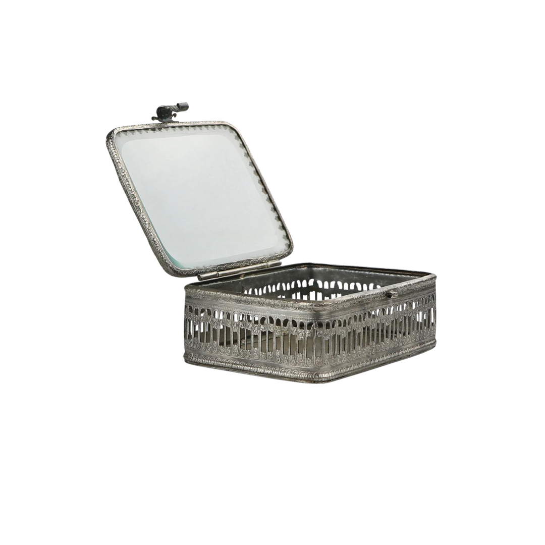 Vintage style brushed nickel decorative box with glass top lid and pierced Victorian detailing from Mood by DMJ, available online with nationwide shipping or in store