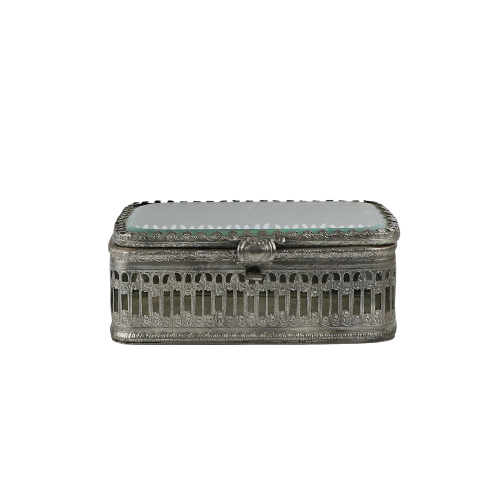 Vintage style brushed nickel decorative box with glass top lid and pierced Victorian detailing from Mood by DMJ, available online with nationwide shipping or in store