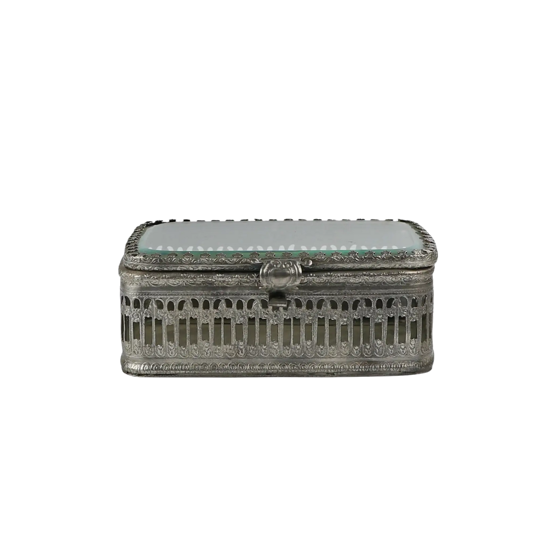 Vintage style brushed nickel decorative box with glass top lid and pierced Victorian detailing from Mood by DMJ, available online with nationwide shipping or in store