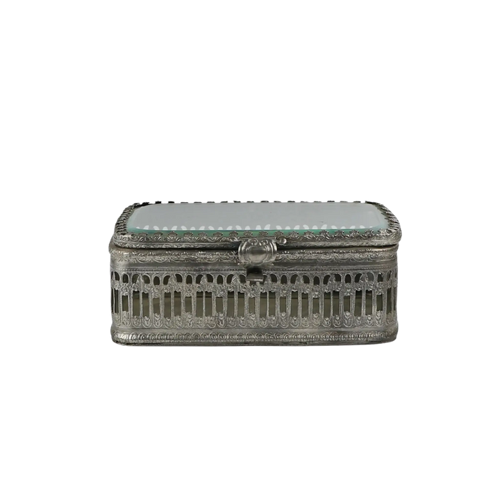 Vintage style brushed nickel decorative box with glass top lid and pierced Victorian detailing from Mood by DMJ, available online with nationwide shipping or in store