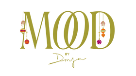 Holiday Logo of 'Mood by DMJ' with decorative ornaments on a white background