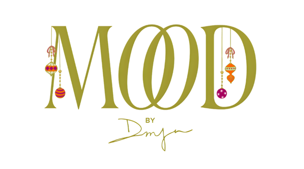 Holiday Logo of 'Mood by DMJ' with decorative ornaments on a white background