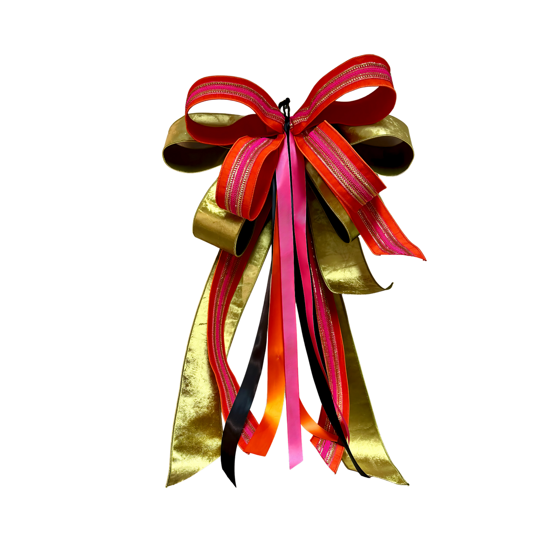 Oversized Halloween Bows – hot pink satin with green, orange, and pink ribbon, 28 inches– Mood by DMJ in Lafayette, Louisiana