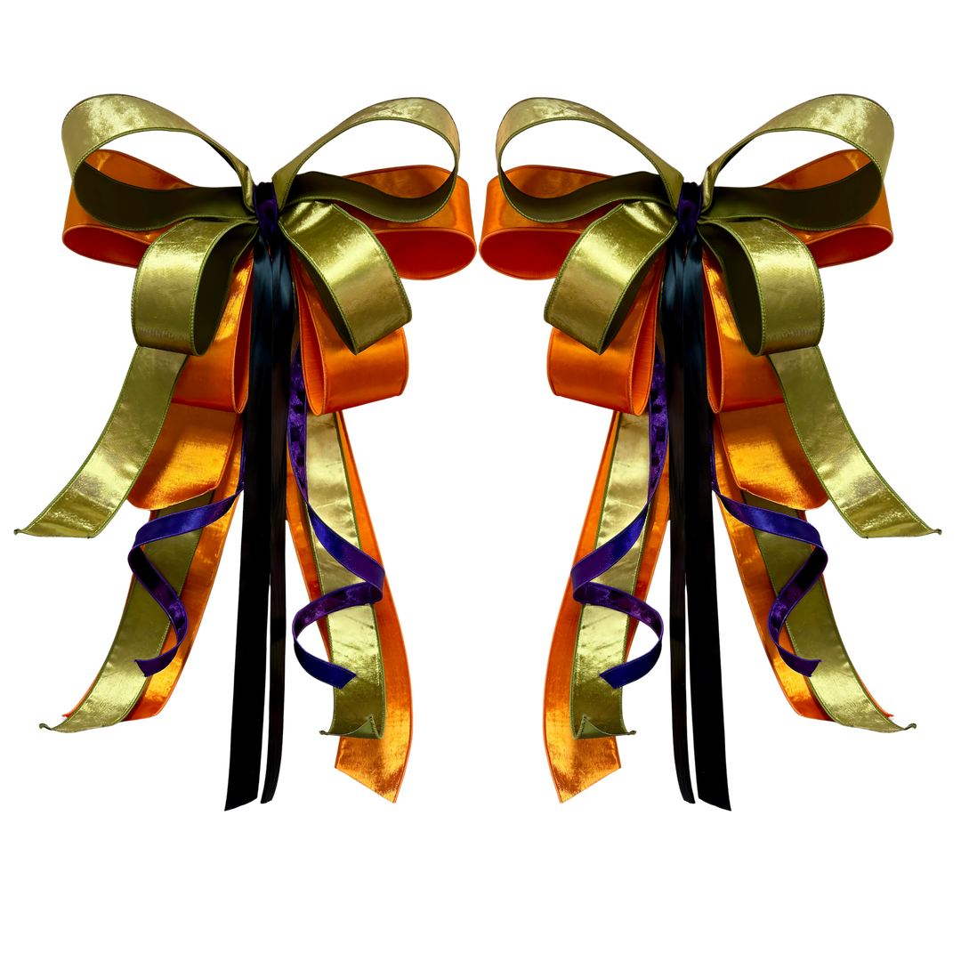 Pair of 28-inch Halloween Bows – layered orange, green, purple, and black ribbons – Mood by DMJ in Lafayette, Louisiana