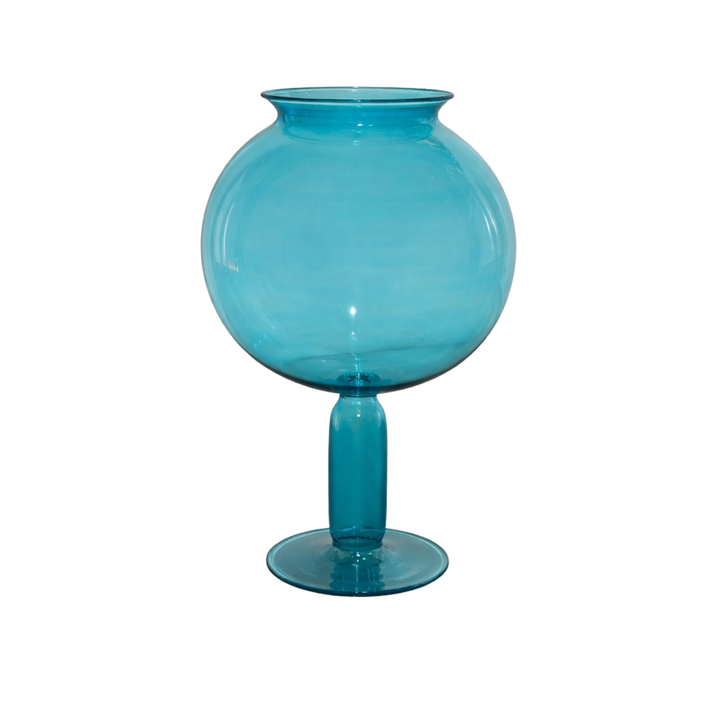 Large handblown glass Leech Bowl in turquoise styled as sculptural centerpiece decor