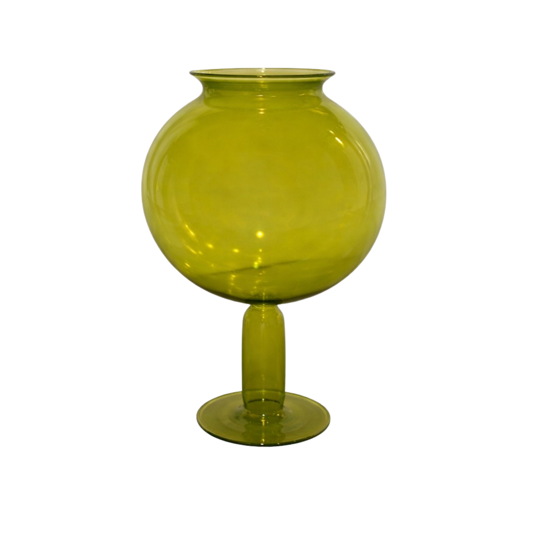 Large handblown glass Leech Bowl in green styled as sculptural centerpiece decor