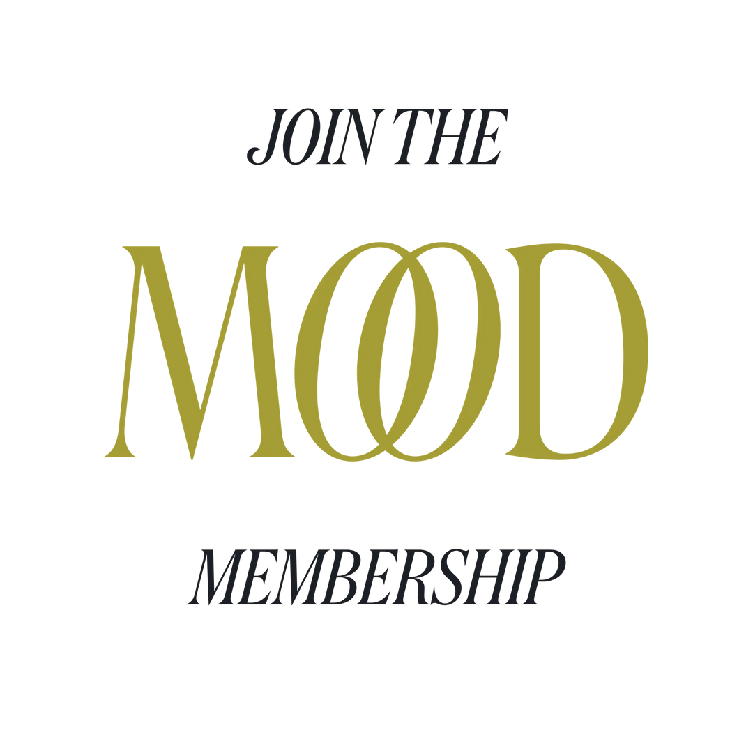 Join The Mood Membership promotional graphic by Mood by DMJ, with elegant gold serif "MOOD" lettering on a white background — a luxury home, fragrance, and lifestyle subscription club.