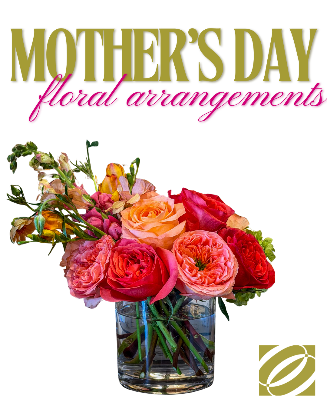 Mother's Day floral arrangement featuring pink and coral roses in a glass vase, available for local delivery and pickup in Lafayette, Louisiana from Mood by DMJ