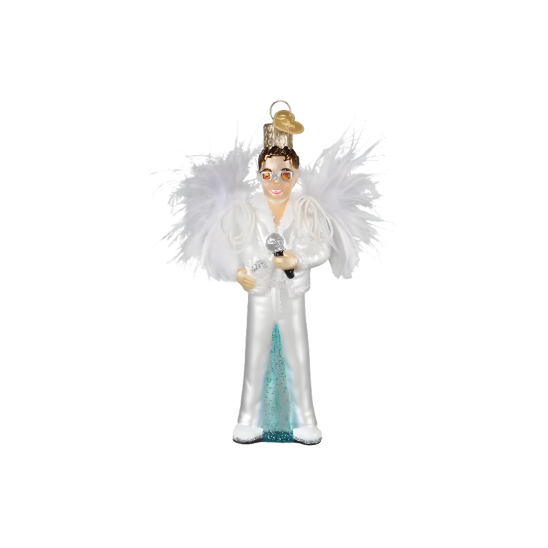 Elton John Old World Christmas ornament, hand-painted glass collectible featuring glitter detail and gold crown, mouth-blown using 19th-century techniques.