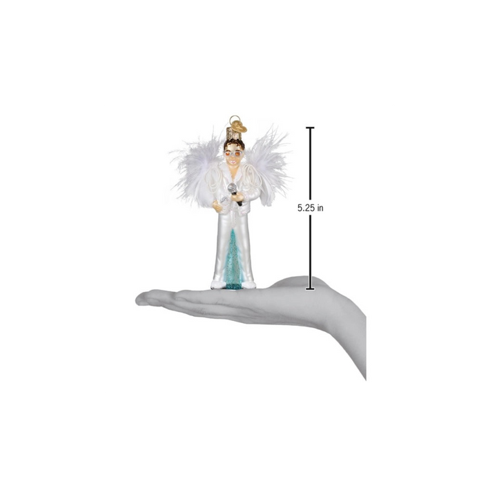 Elton John Old World Christmas ornament, hand-painted glass collectible featuring glitter detail and gold crown, mouth-blown using 19th-century techniques.