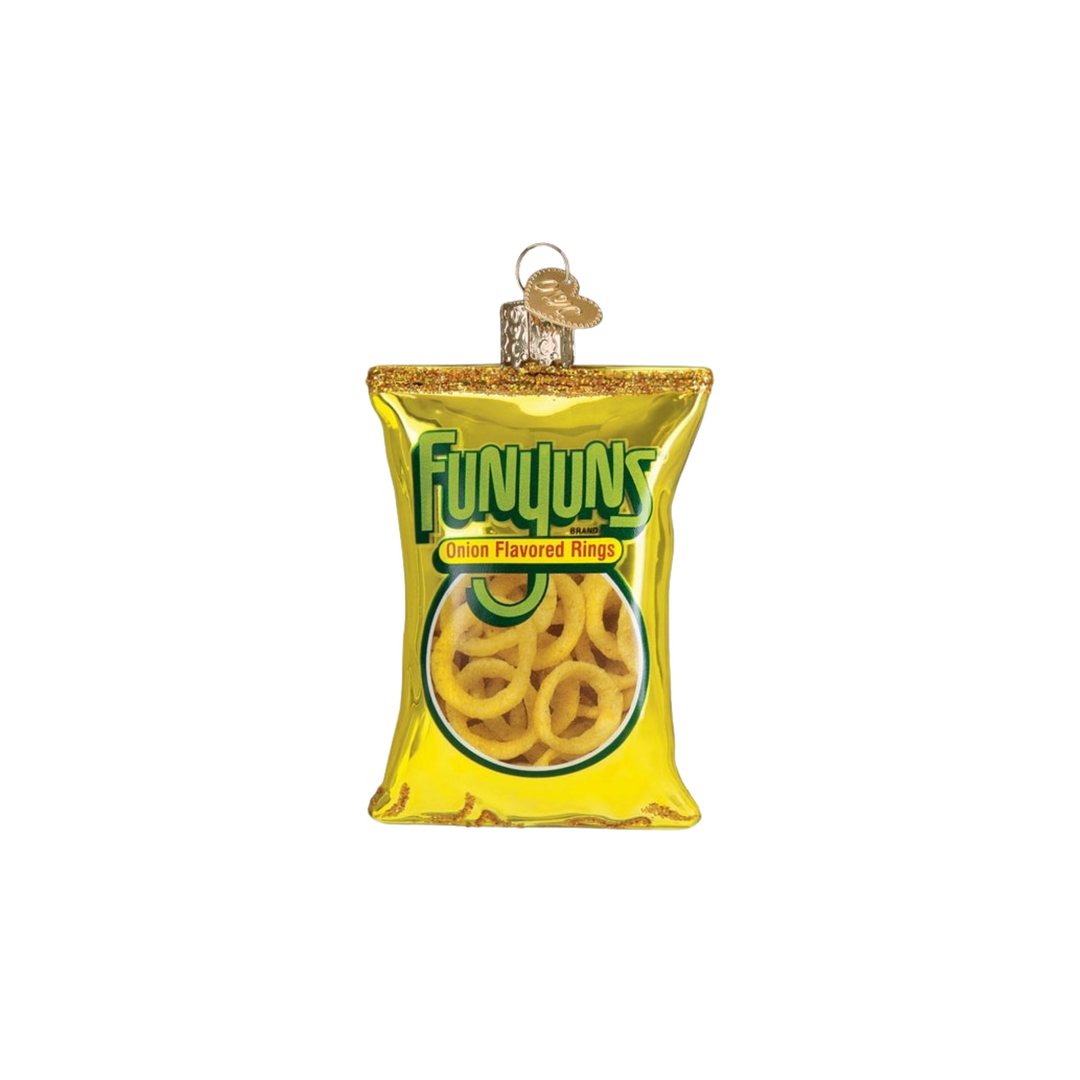 Funyuns glass ornament by Old World Christmas, yellow snack bag with glitter, hanging on tree.