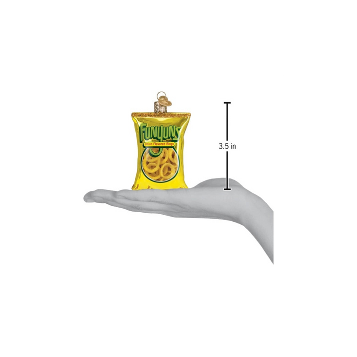 Funyuns glass ornament by Old World Christmas, yellow snack bag with glitter, hanging on tree.