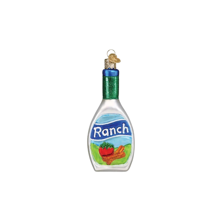 Old World Christmas Ranch Dressing glass ornament, mouth-blown and hand-painted collectible featuring a glittered bottle design for holiday décor.