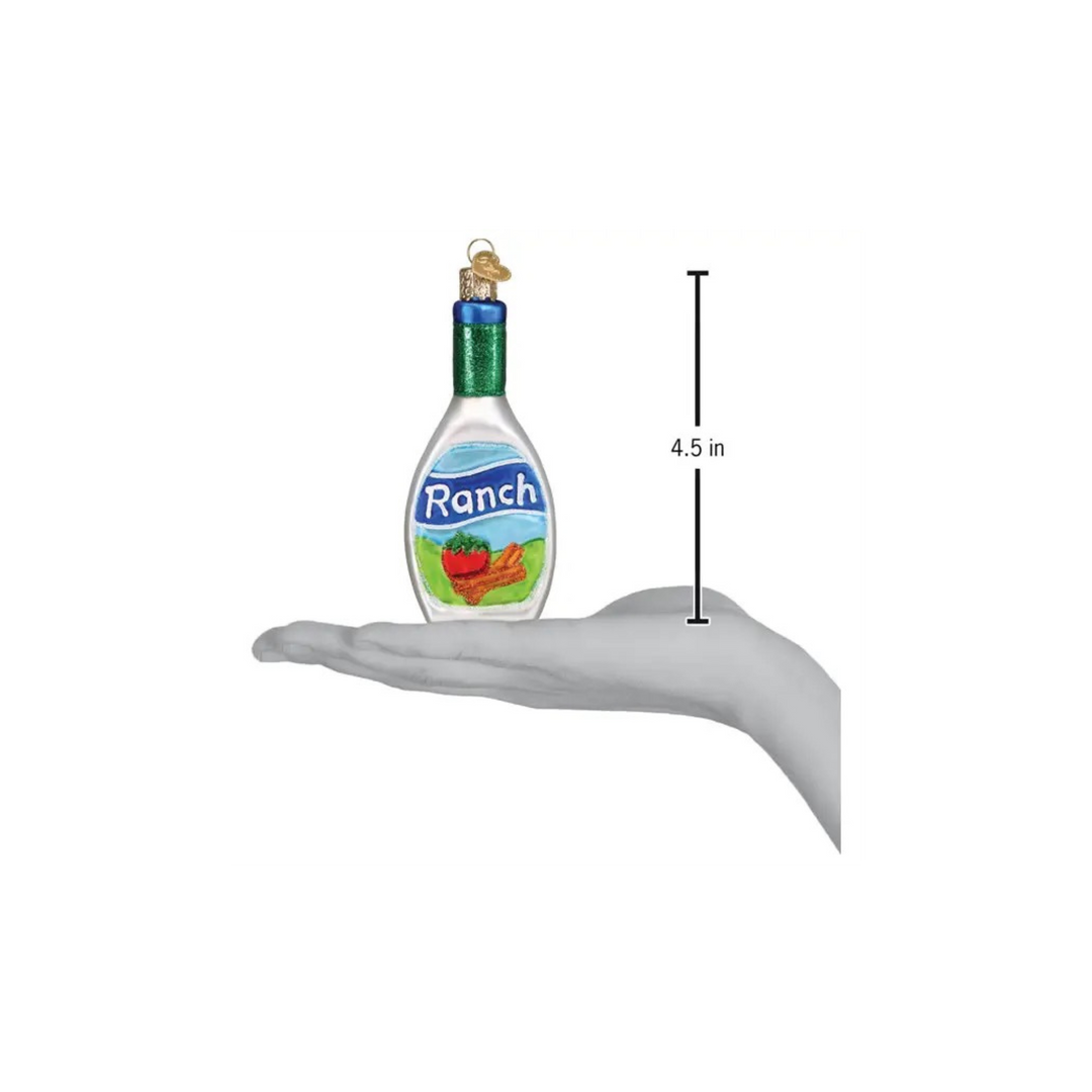 Old World Christmas Ranch Dressing glass ornament, mouth-blown and hand-painted collectible featuring a glittered bottle design for holiday décor.