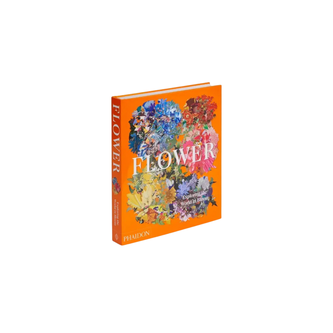 Book titled 'FLOWER' with colorful floral design on an orange background