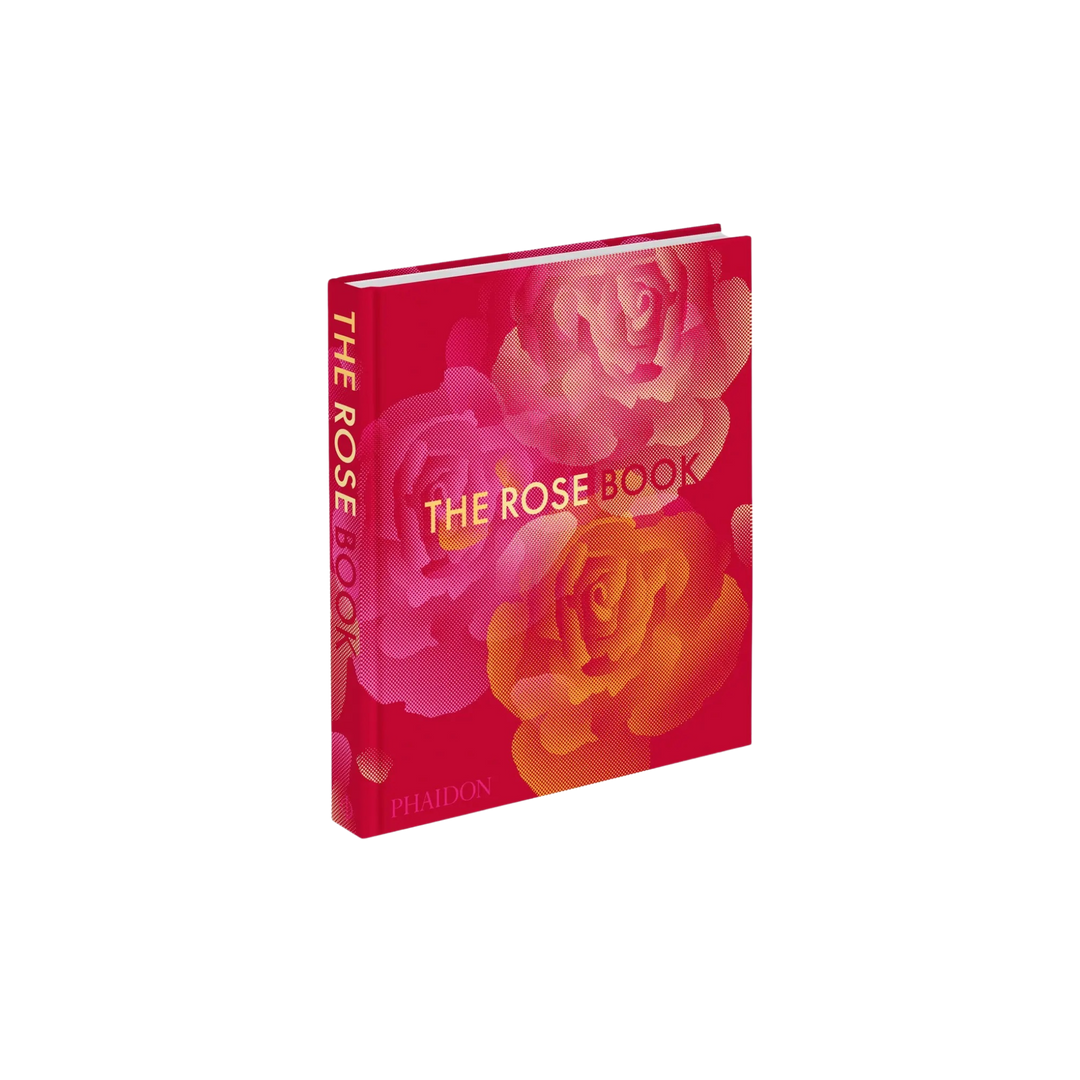 Book titled 'The Rose Book' with floral design on a white background